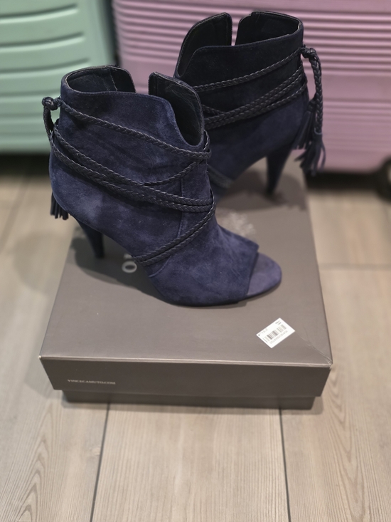 Vince Camuto Shoes - Vince Camuto Navy Suede Braided Peep-Toe Ankle Booties